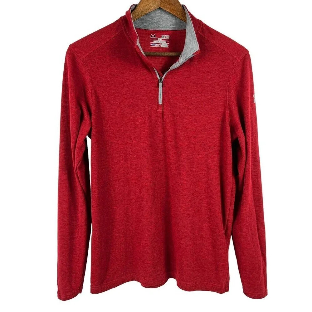 Under Armour Long Sleeve 1/4 Zip Coldgear Loose Fit Mens Size Small Red/Gray
